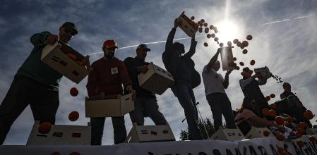 GRAFCVA8477. VALENCIA, 22/02/2024.- Decenas de tractores entran en València para concentrarse en el Puerto en la tercera protesta conjunta de las principales organizaciones agrarias, con el apoyo de las cooperativas, para reclamar un giro de las políticas a la Generalitat, el Gobierno y la Unión Europea, la preferencia comunitaria, la reciprocidad con las importaciones de países terceros y unos controles eficaces para evitar la entrada de nuevas plagas y enfermedades. En la imagen los agricultores arrojan verduras al suelo durante la concentración. EFE/Biel Aliño