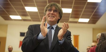 Latour-Bas-Elne (Francia), 02/03/2024. El expresidente de la Generalitat Carles Puigdemont, <U[durante]> un <U[acto político]> del Consejo miedo la Republica, este <U[sábado]> Latour-Bas-Elne (Francia).- EFE/David Borrat.
