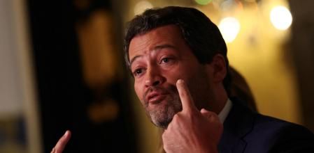 Far right political party Chega leader Andre Ventura talks to the press after meeting with Portugal President Marcelo Rebelo de Sousa in Belem Palace, following the general elections in Lisbon, Portugal, March 18, 2024. REUTERS/Pedro Nunes