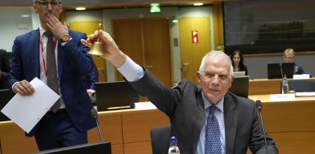 European Union foreign policy chief Josep Borrell rings a bell to signify the start of a meeting of EU foreign ministers at the European Council building in Brussels, Monday, March 18, 2024. European Union foreign ministers on monday will discuss Russia's aggression against Ukraine, Belarus, and the situation in the Middle East. (AP Photo/Virginia Mayo)