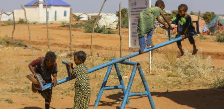Dollow (Somalia), 30/01/2024.- Children play within the Ladan child friendly space operated by UNICEF at the Ladan Internally Displaced Persons (IDP) camp in Ladan, on the outskirts of Dollow, in Jubaland state, Somalia, 30 January 2024 (issued 26 February 2024).The Ladan IDP camp hosts some 5500 households of climate change IDPs.In February 2023, the total number of internally displaced people in Somalia reached 3.8 million, while more than one million had newly been displaced in that year only by May. These people have been forced to leave their homes because of climate change and insecurity, two phenomena that prevent them from going back and make their displacement almost permanent. Abdullahi Halakhe, from the organization Refugees International, told EFE. (Niza) EFE/EPA/DANIEL IRUNGU ATTENTION: This Image is part of a PHOTO SET