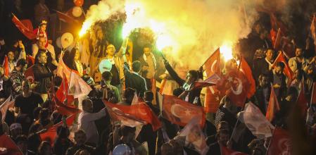 Republican People's Party, or CHP, supporters gather outside the City Hall in Ankara, Sunday, March 31, 2024. Turkey's main opposition party appeared set to retain its control over key cities in Sunday's local elections, preliminary results showed, in a major upset to President Recep Tayyip Erdogan, who had set his sights on retaking control of those urban areas. (AP Photo/Ali Unal)