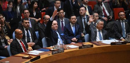 The UN Security Council votes on a resolution allowing Palestinian UN membership at United Nations headquarters in New York, on April 18, 2024, during a United Nations Security Council meeting on the situation in the Middle East, including the Palestinian question. The United States vetoed a Security Council measure on a Palestinian bid for full United Nations membership. The draft resolution, which was introduced by Algeria and 