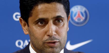 Nasser Al-Khelaïfi, Chairman and CEO of Paris Saint-Germain, speaks at a press conference during the presentation of Spanish coach Luis Enrique as new head coach of PSG at the new training center of Paris Saint-Germain in Poissy, west of Paris