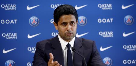 Poissy (France), 05/07/2023.- Nasser Al-Khelaïfi, Chairman and CEO of Paris Saint-Germain, speaks at a press conference during the presentation of Spanish coach Luis Enrique as new head coach of PSG at the new training center of Paris Saint-Germain in Poissy, west of Paris, France 05 July 2023. (Francia) EFE/EPA/YOAN VALAT