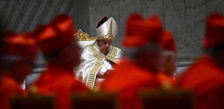 Pope Francis presides over the Vespers prayer service on the day of the Ascension of Jesus Christ, on May 9, 2024 at St Peter's basilica in The Vatican. (Photo by Filippo MONTEFORTE / AFP)