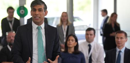 Britain's Prime Minister Rishi Sunak hosts a PM Connect event, during a visit to Siemens Healthineers, near Oxford on May 10, 2024. Britain exited a shallow recession with better-than-expected growth in the first quarter, official data showed Friday, in a boost to embattled Prime Minister Rishi Sunak ahead of this year's election. (Photo by Jacob King / POOL / AFP)