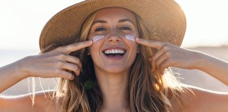 Mujer poniéndose crema solar en la cara