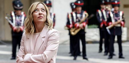 Giorgia Meloni, Italy's prime minister, ahead of her meeting with Mohammed Mustafa, Palestinian Authority prime minister, at the Chigi Palace in Rome, Italy, on Saturday, May 25, 2024. The Palestinian economy is suffering a #{emoji}147;severe blow#{emoji}148; as a result of the war in Gaza, facing a widening financing gap alongside deteriorating growth and dire job losses, accordingto estimatesby the World Bank. Photographer: Alessia Pierdomenico/Bloomberg