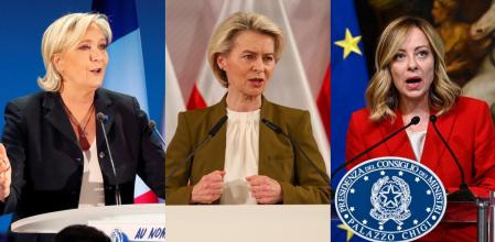 Marine le Pen, Ursula von der Leyen y Giorgia Meloni, mujeres que pueden dominar la política europea de los próximos años.&nbsp;
