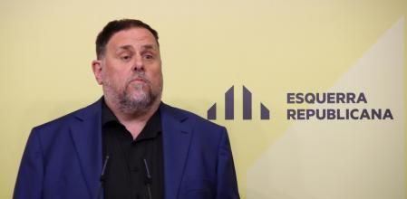 El presidente de ERC, Oriol Junqueras, en una rueda de prensa en la sede del partido.