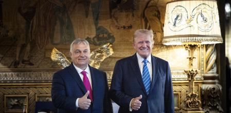 Palm Beach (United States).- A handout photo made available bythe Hungarian PM'Äôs Press Office shows Hungarian Prime Minister Viktor Orban (L) and former US president and Republican presidential candidate Donald Trump (R) posing for photographs during their meeting in Trump's Mar-a-Lago estate in Palm Beach, Florida, USA, 11 July 2024. (Hungría)