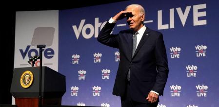 (FILES) US President Joe Biden gestures near the podium during the Vote To Live Properity Summit at the College of Southern Nevada in Las Vegas, Nevada, on July 16, 2024. US President Joe Biden doubled down on his insistence that he will stay in the White House race, despite a growing Democrat revolt that raised speculation he could bow out as soon as this weekend. #{emoji}147;The stakes are high, and the choice is clear. Together, we will win,