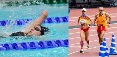 La nadadora Tasy Dmytriv (izquierda) y los fondistas Mari Carmen Paredes y Lorenzo López (derecha)