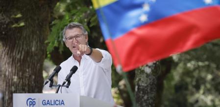 FOTODELDÍA Cerdedo-Cotobade (Pontevedra), 31/08/2024.- El líder del PP, Alberto Núñez Feijóo, durante su intervención en un acto celebrado en Cerdedo-Cotobade este sábado con el que abre el curso político en Galicia. EFE/Lavandeira jr