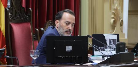 El presidente del Parlament balear, Gabriel Le Senne, con la imagen rota de Aurora Picornell.