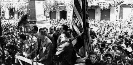 Discurs de Lluís Companys en la commemoració de l'11 de setembre de 1937 davant el monument a Rafael Casanova amb el seu govern, sense Josep Tarradellas