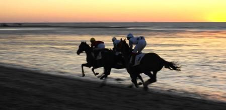 Caballos a la carrera en la orilla de la playa de Sanlúcar de Barrameda.