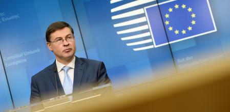 European Commission Vice President Valdis Dombrovskis speaks during a news conference following a EU finance ministers meeting in Brussels, Belgium February 16, 2021. REUTERS/Johanna Geron/Pool