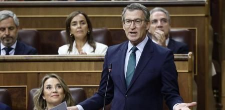 El presidente del PP, Alberto Núñez Feijóo, interviene en la sesión de control al Gobierno celebrada este miércoles en el Congreso