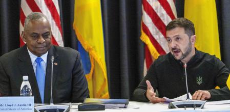 FILE - U.S. Defense Secretary Lloyd Austin, left, listens to Ukraine's President Volodymyr Zelenskyy during a meeting at Ramstein Air Base in Ramstein-Miesenbach, Germany, Friday, Sept. 6, 2024. (Andreas Arnold/dpa via AP, File)