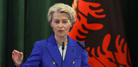 European Commission President Ursula von der Leyen speaks on the day of her meeting with Albania's Prime Minister Edi Rama, as she visits Albania as part of her Western Balkan tour, in Tirana, Albania, October 23, 2024. REUTERS/Florion Goga