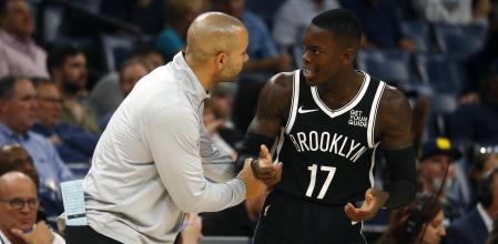 Oct 30, 2024; Memphis, Tennessee, USA; Brooklyn Nets head coach Jordi Fernandez talks with guard Dennis Schroder (17) during the second half against the Memphis Grizzlies at FedExForum. Mandatory Credit: Petre Thomas-Imagn Images