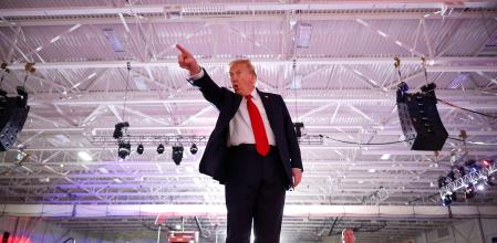WARREN, MICHIGAN - NOVEMBER 01: Republican presidential nominee, former President Donald Trump acknowledges his supporters at the end of a campaign rally at Macomb Community College on November 01, 2024 in Warren, Michigan. With four days until the election, Trump is campaigning for re-election on Friday in the battleground states of Michigan and Wisconsin. Chip Somodevilla/Getty Images/AFP (Photo by CHIP SOMODEVILLA / GETTY IMAGES NORTH AMERICA / Getty Images via AFP)
