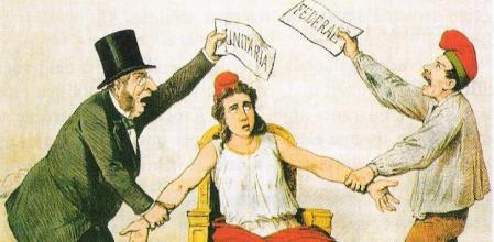 Ilustración de la revista satírica 'La Flaca' del 3 de marzo de 1873 sobre la pugna entre los republicanos unionistas y federales