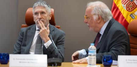 El ministro del Interior, Fernando Grande-Marlaska, y el director general de Tráfico, Pere Navarro, durante una rueda de prensa, en la Dirección General de Tráfico, a 10 de enero de 2025, en Madrid 