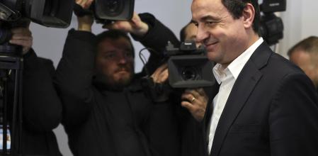 Albin Kurti, President of the left-wing Vetevendosje! party, arrives to vote as Kosovo holds a parliamentary election in Pristina, Kosovo, Sunday, Feb. 9, 2025. (AP Photo/Vlasov Sulaj)