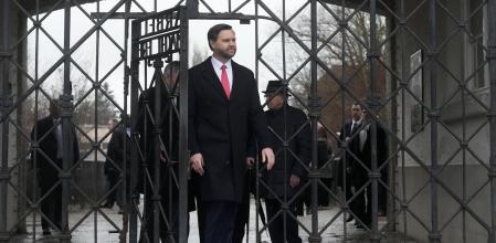 U.S. Vice President JD Vance enters the Dachau Concentration Camp Memorial Site outside Munich, Germany, Thursday, Feb. 13, 2025. (AP Photo/Matthias Schrader)