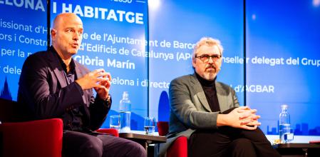 Foto ANDREA MARTÍNEZ PASTOR 20/02/2025. Ciclo “Fer metropoli” de Foment del Treball. Diálogo entre Joan Ramon Riera, comisionado de vivienda del Ayuntamiento de Barcelona y SR. Xavier Vilajoana Eduardo, presidente de la Asociación de Promotores y Constructores de Edificios de Cataluña (APCE) y consejero delegado del Grupo Euroconstruc.