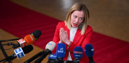 Italian Prime Minister Giorgia Meloni delivers remarks to media on the sidelines of the European Union Summit being held at the Europa Building, in Brussels on March 20, 2025. (Photo by JOHN THYS / AFP)