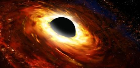 Ilustración de un agujero negro supermasivo rodeado del disco de material que cae, en espiral, hacia en interior