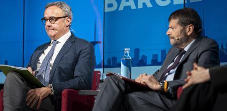 El tercer teniente de Alcalde del Ayuntamiento de Barcelona y director del area de prevención, seguridad y convivéncia Albert Batlle ha asistido a un diálogo con Gabriel Jané, Presidente de Barcelona Oberta, en la sede de Foment del Treball, en Barcelona, 11 de Abril de 2025.