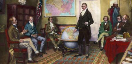 Recreación de la doctrina Monroe, que establecía que América debía ser para los americanos, según un cuadro de Clyde De Land&nbsp;