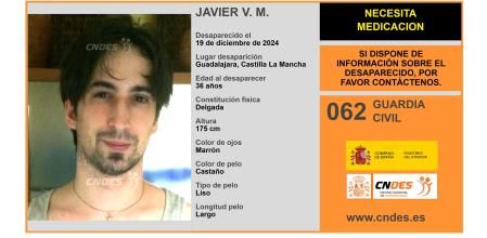 Cartel de búsqueda de Javier V. M. difundido por el Centro Nacional de Desaparecidos (CNDES) del Ministerio del Interior