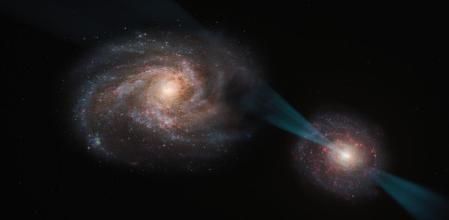 Representación artística de la batalla entre dos galaxias, una de ellas armada con un gran agujero negro que provoca perturbaciones en su rival