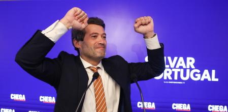 El líder de Chega, André Ventura, celebrando el ascenso electoral el pasado 18 en Lisboa&nbsp;