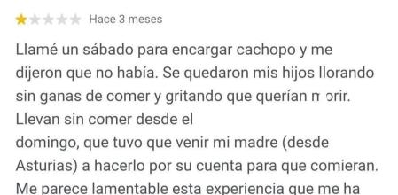 La reseña que un cliente indignado ha publicado tras no poder encargar cachopo en un restaurante