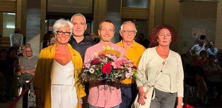 Los tres concejales del PSC en Vilassar, al frente, en una ofrenda de flores un 11 de setembre .