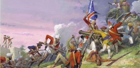 La batalla de Plassey, librada el 23 de junio de 1757, en una obra de Severino Baraldi