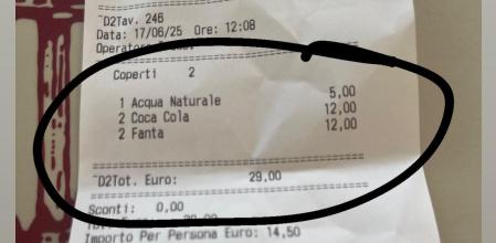El ticket que han recibido unos clientes en un bar de Roma, donde han consumido refrescos y agua y la cuenta ha ascendido a casi 30 euros