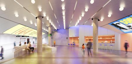 Imagen virtual del futuro vestíbulo que unirá la L1 del metro con el DHub&nbsp;