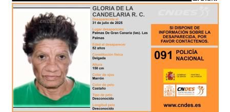Cartel de búsqueda de Gloria de la Candelaria R. C. difundido por el Centro Nacional de Desaparecidos (CNDES) del Ministerio del Interior