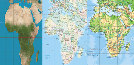África según Gall-Peters, Equal Earth y Mercator.