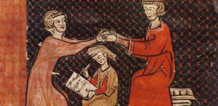 Un vasallo arrodillado homenajea a su señor, sentado, mientras un escribiente toma nota&nbsp;