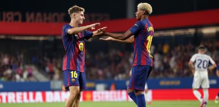 BARCELONA, SPAIN - AUGUST 10: Fermin Lopez of FC Barcelona celebrates scoring his team's second goal with teammate Lamine Yamal during the Joan Gamper Trophy match between FC Barcelona and Como1907 at Estadi Johan Cruyff on August 10, 2025 in Barcelona, Spain. (Photo by Judit Cartiel/Getty Images)