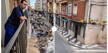 Antonio Medina observa des de el balcón de sus casa el efecto de la dana días después de la tragedia y un año después
